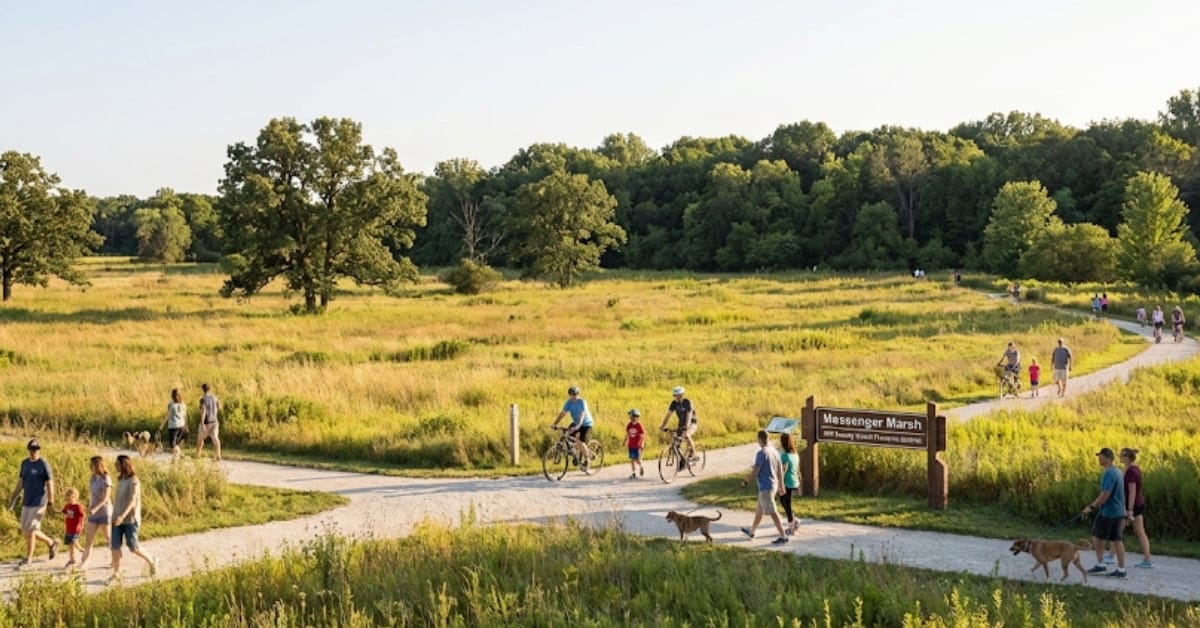 Panoramic view of Messenger Marsh in Homer Glen, featuring wide crushed limestone trails with families hiking and biking, open savanna landscapes, and a wooden "Messenger Marsh" sign.