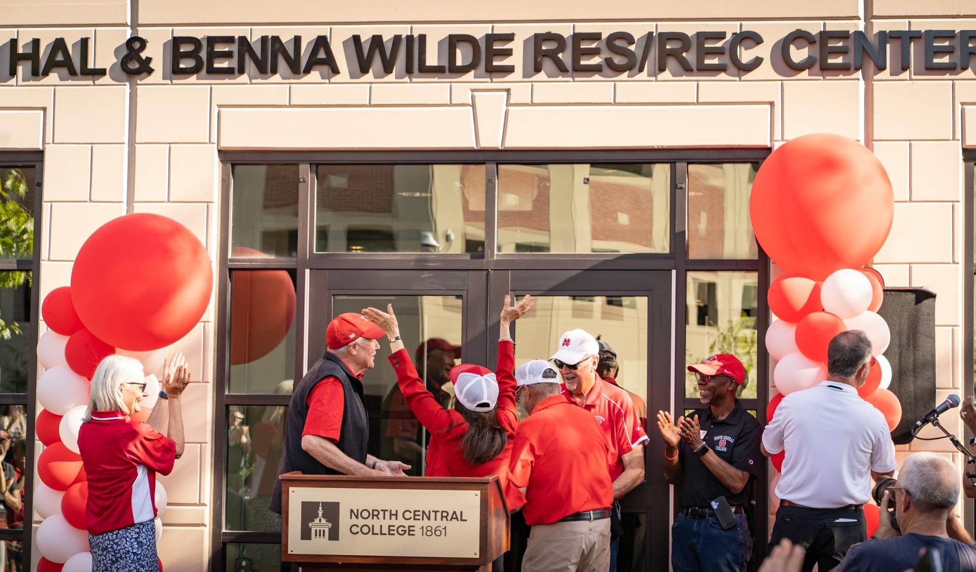 Celebration event outside the Hal and Benna Wilde Residence and Recreation Center at North Central College in Naperville, Illinois