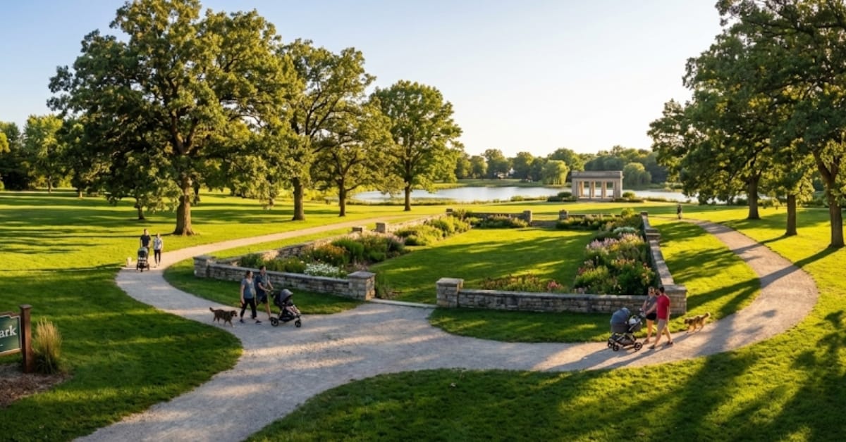 Panoramic view of Phillips Park in Aurora, featuring the historic sunken garden with stone walls, expansive green lawns, mature trees, a lake, and families walking on paths at sunset.