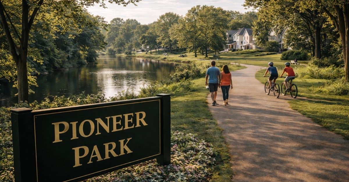 A scenic view of Pioneer Park in Naperville, featuring a paved trail winding along the DuPage River, cyclists riding, couples walking, and a sign reading "Pioneer Park".