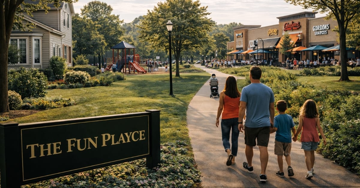 A vibrant family scene in Naperville, featuring a playground, paved walking paths, families walking together, and dining patios visible in the background, creating a lively community atmosphere.