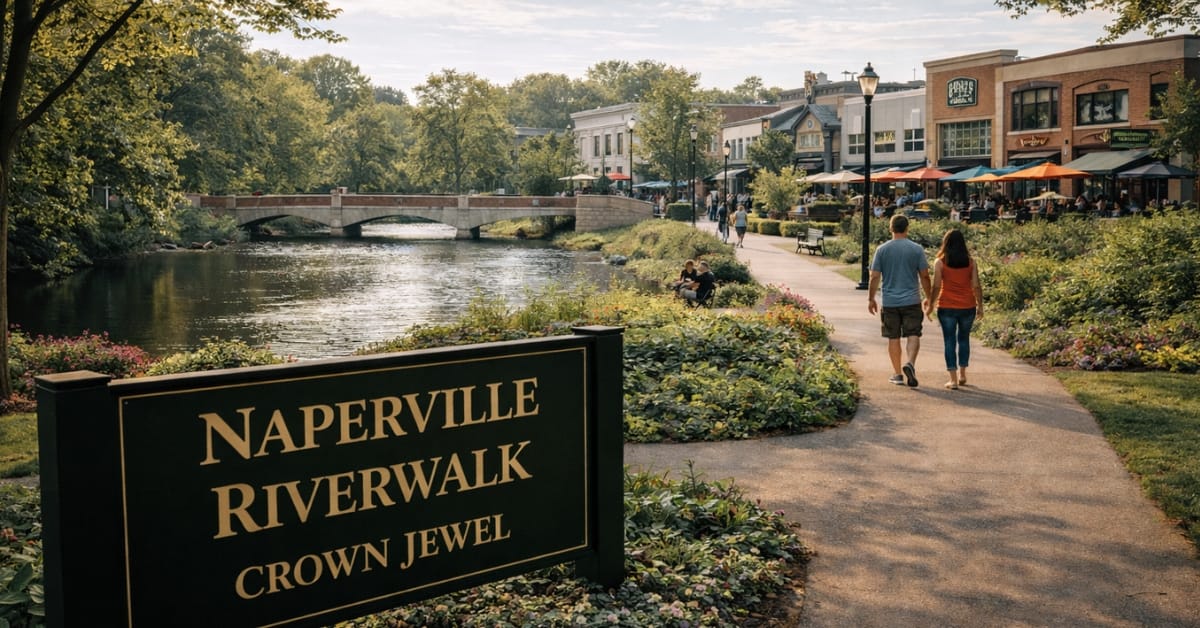 A scenic view of the Naperville Riverwalk, featuring a paved walking path along the DuPage River, a charming pedestrian bridge, and busy outdoor dining patios with colorful umbrellas on the right.
