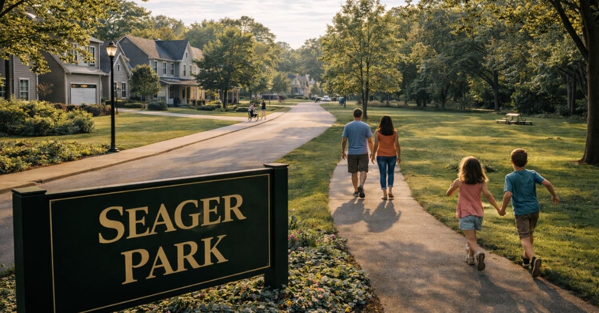 A peaceful, sunny view of Seager Park in Naperville, featuring a paved walking path winding through mature trees, families walking together, and a sign reading "Seager Park".