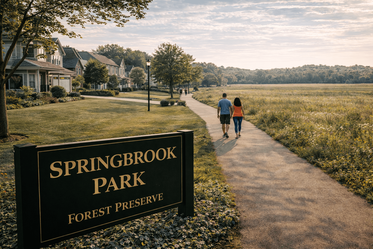 A scenic view of Springbrook Park in Naperville, featuring a paved trail connecting a residential neighborhood to open prairie lands, with families walking and a sign reading "Springbrook Park".