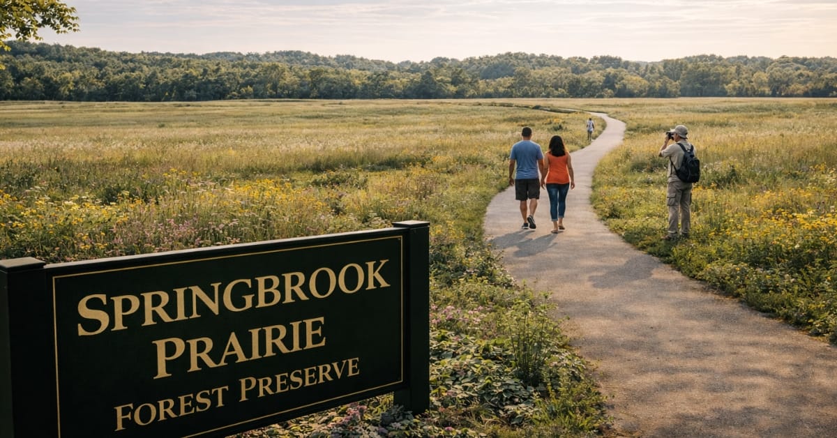 A scenic wide view of Springbrook Prairie Forest Preserve in Naperville, featuring a paved trail winding through tall prairie grasses, a photographer taking photos, a couple walking, and a sign reading "Springbrook Prairie Forest Preserve".