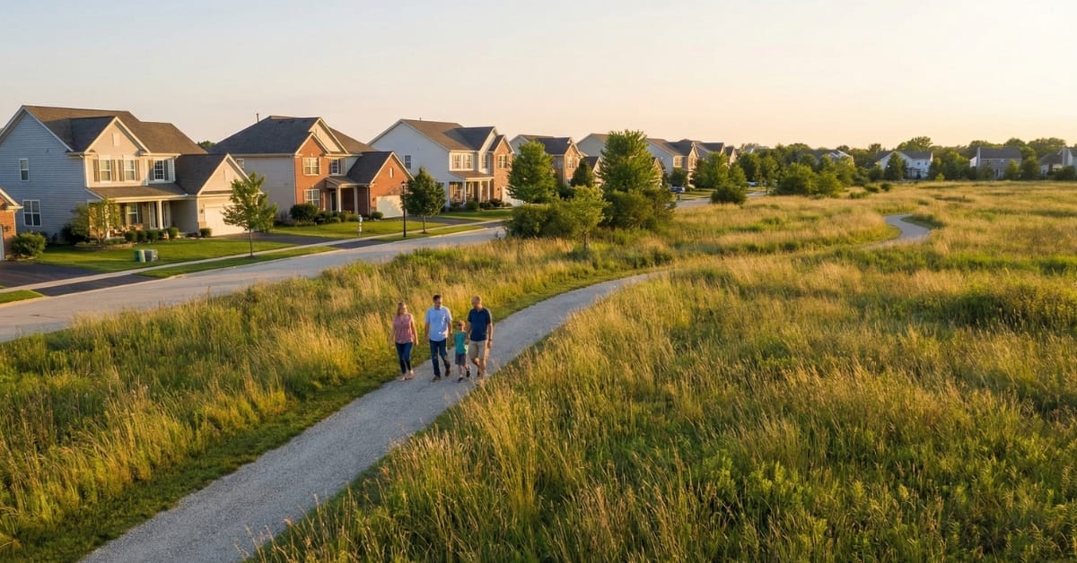 Families walking on a gravel nature trail in the Springbrook Prairie neighborhood of Naperville, with tallgrass prairie in the foreground and single-family homes in the background.