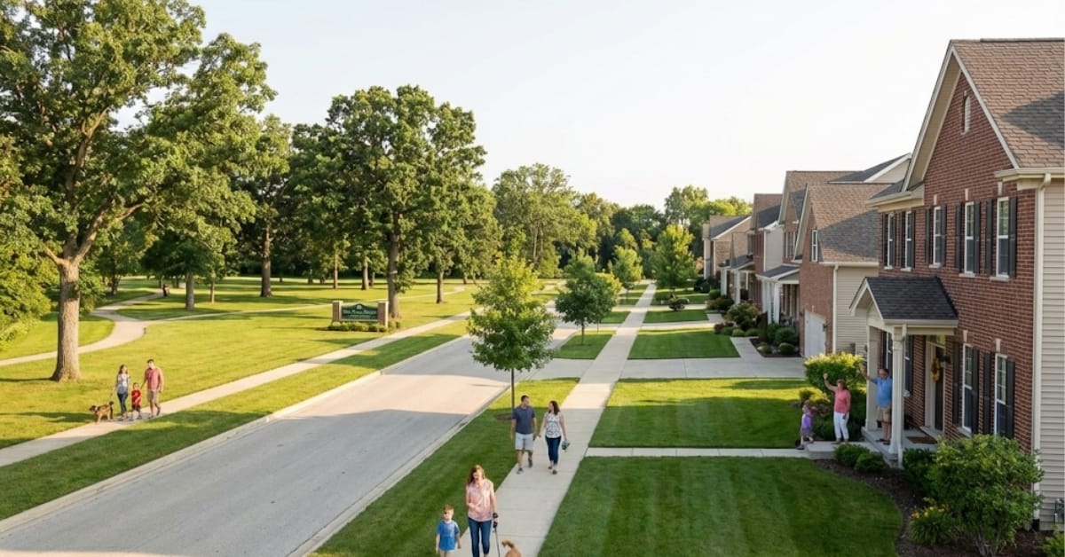 Street view of the Van Horn Woods East neighborhood in Plainfield, featuring single-family homes adjacent to a large park with mature trees and families walking on sidewalks.