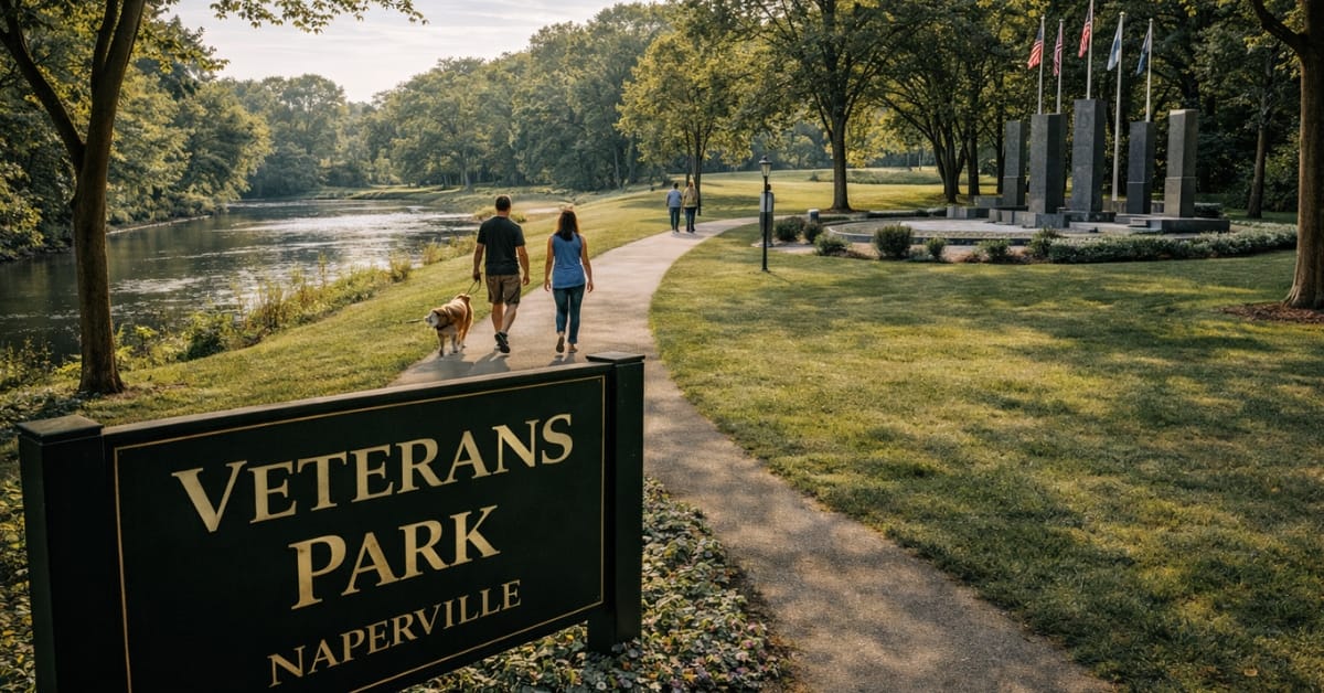 A scenic and respectful view of Veterans Park in Naperville, featuring a paved walking path along the river, a stone memorial monument with flags in the background, and visitors walking quietly.