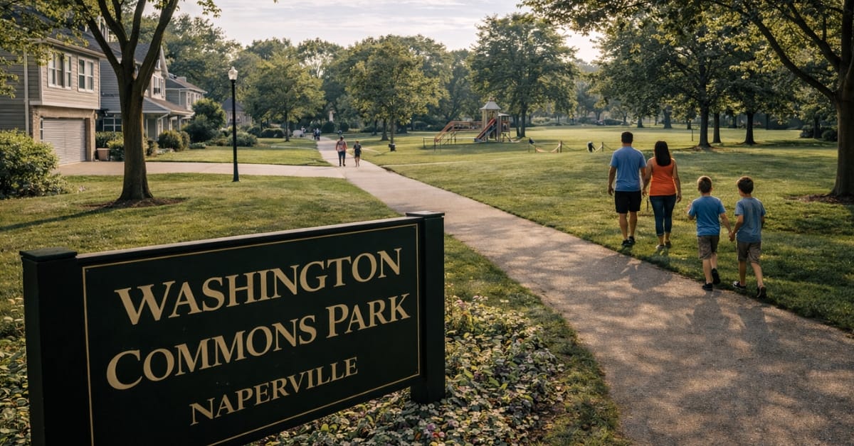 A sunny, peaceful view of the Washington Commons neighborhood in Naperville, featuring a sign reading "Washington Commons Park", paved walking paths, townhome-style residences, and a playground in the distance.