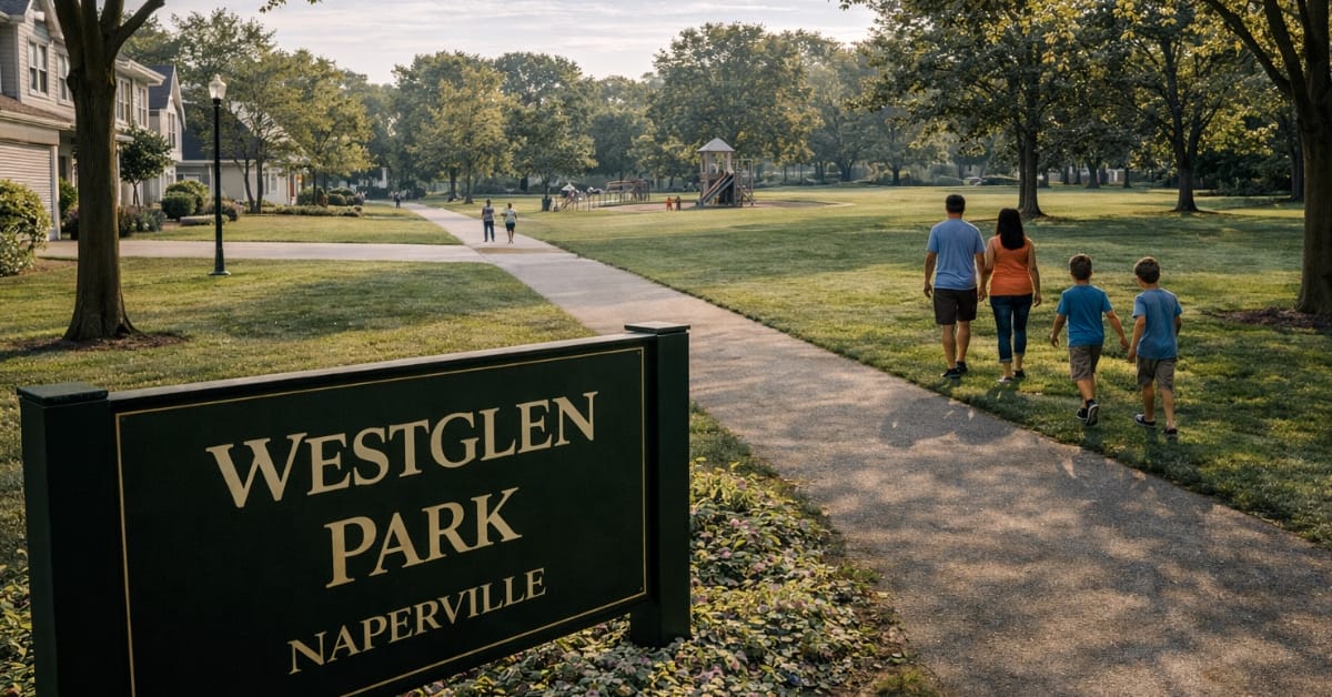 A sunny neighborhood view of Westglen Park in Naperville, featuring a sign reading "Westglen Park", a paved walking trail, a family walking, and residential homes with attached garages in the background.