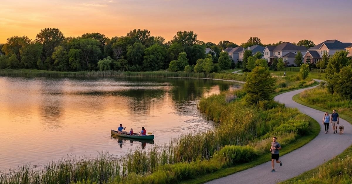 Street view of the South Pointe neighborhood in Naperville featuring modern single-family homes built in the 2000s and a community clubhouse atmosphere.