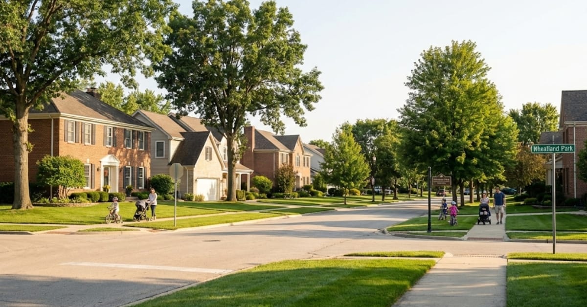 Quiet residential street in the Wheatland Park neighborhood of Naperville, featuring traditional single-family homes, mature trees, families walking, and a "Wheatland Park" street sign.