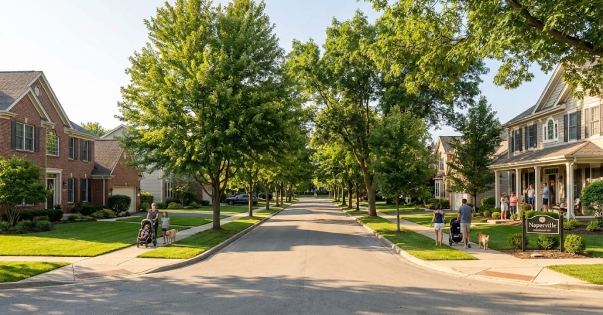Quiet residential street in the Wheatland Park neighborhood of Naperville, featuring traditional single-family homes, mature trees, families walking, and a "Wheatland Park" street sign.