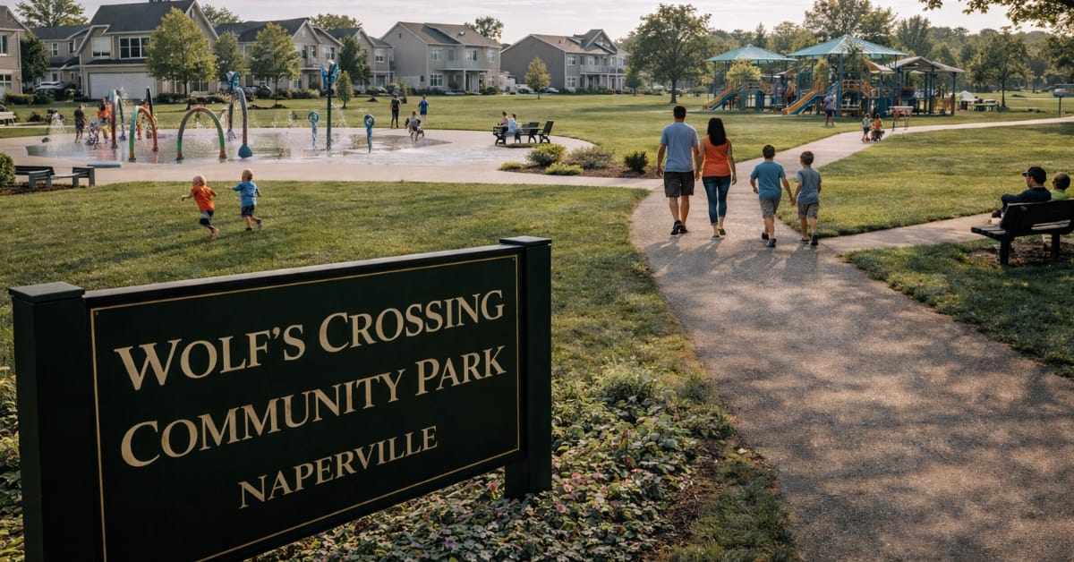 A vibrant summer view of Wolf's Crossing Community Park in Naperville, featuring a busy splash pad with water jets, a large playground structure, paved walking paths, and families enjoying the modern amenities.