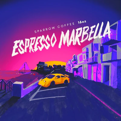 Illustrated artwork for Espresso Marbella by Sparrow Coffee featuring a stylized coastal road and vibrant sunset colors