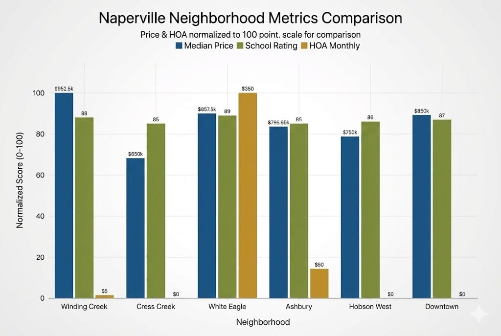 Bar chart comparing median home prices and HOA fees across six Naperville family neighborhoods in 2025