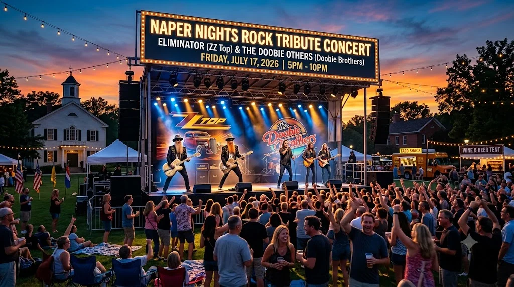 Nights Rock Tribute Concert outdoor live music stage featuring ZZ Top and Doobie Brothers tribute bands performing for a crowd at sunset on Naper Settlement lawn.