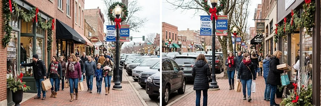 Shoppers walking past decorated storefronts in Downtown Naperville for Small Business Saturday