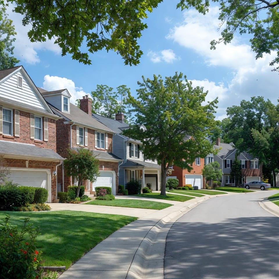 Neighborhoods 7 Tree-lined street of brick townhomes with attached garages, green lawns, and a curved sidewalk under a bright blue sky.