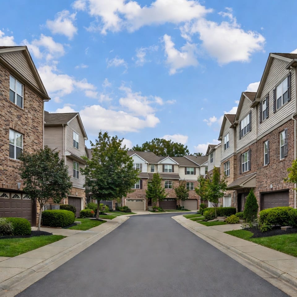 Naperville Real Estate Market 5 Residential lane between rows of multi-story townhomes with brick and siding, garages, shrubs, and small trees under a blue sky.