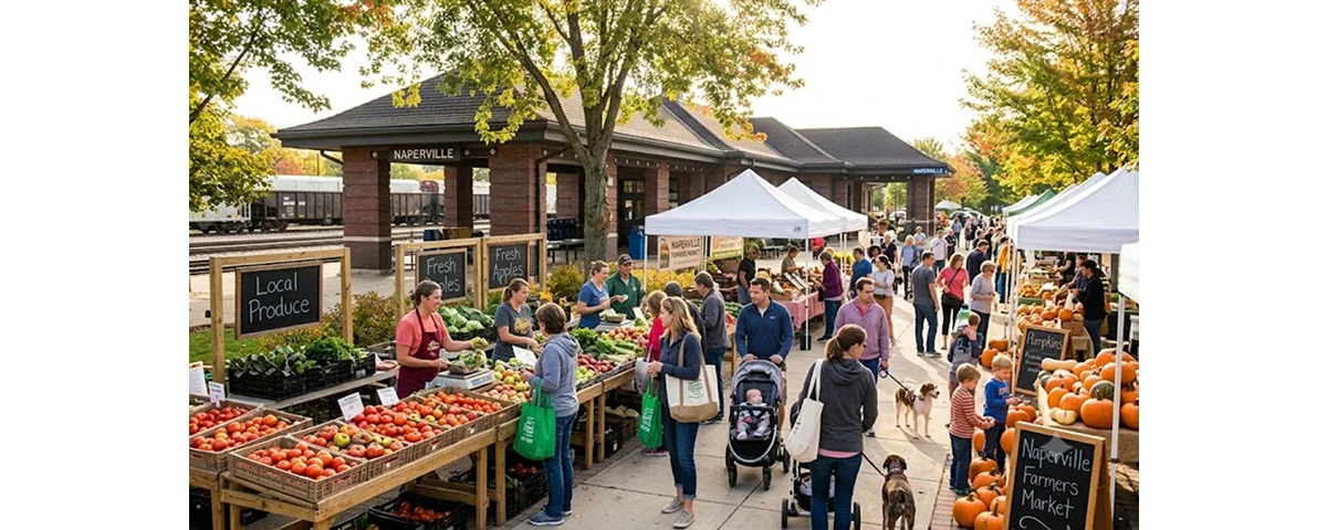 Fresh local produce and bustling crowds at the Naperville Farmers Market at Fifth Avenue Station.