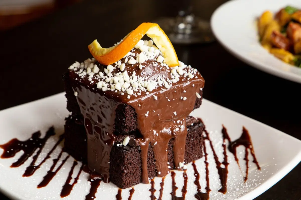 Chocolate cake dessert at Ivy Restaurant in Wheaton, Illinois, topped with rich chocolate glaze, powdered sugar, and orange garnish in an upscale dining setting
