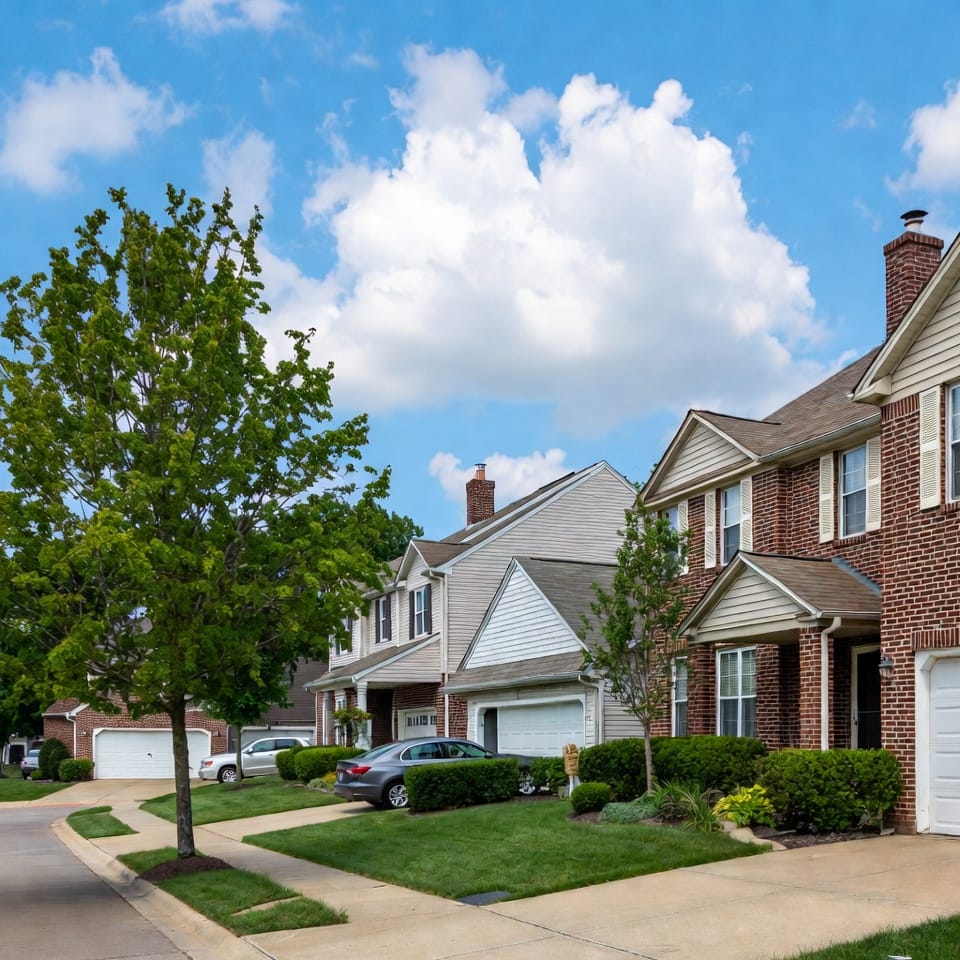 Neighborhoods 6 Suburban street with brick-and-siding townhomes, attached garages, parked cars, and a young tree under a blue sky with large white clouds.