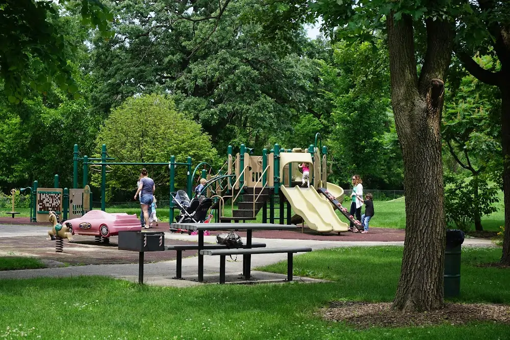 Playground at Meadow Glens Park in Naperville, Illinois with slides, climbing structure, and shaded seating area.