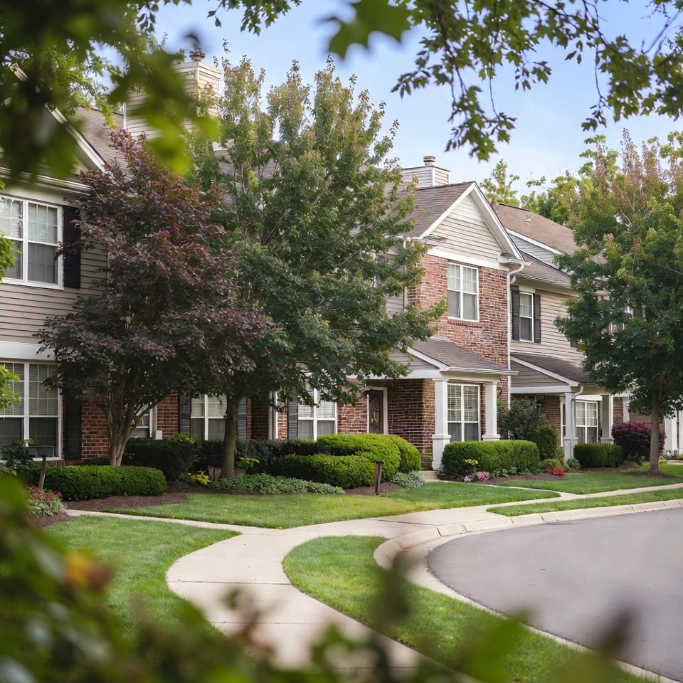 Neighborhoods 8 Row of townhomes with brick and beige siding, shaded by trees, along a curved sidewalk and landscaped lawn.