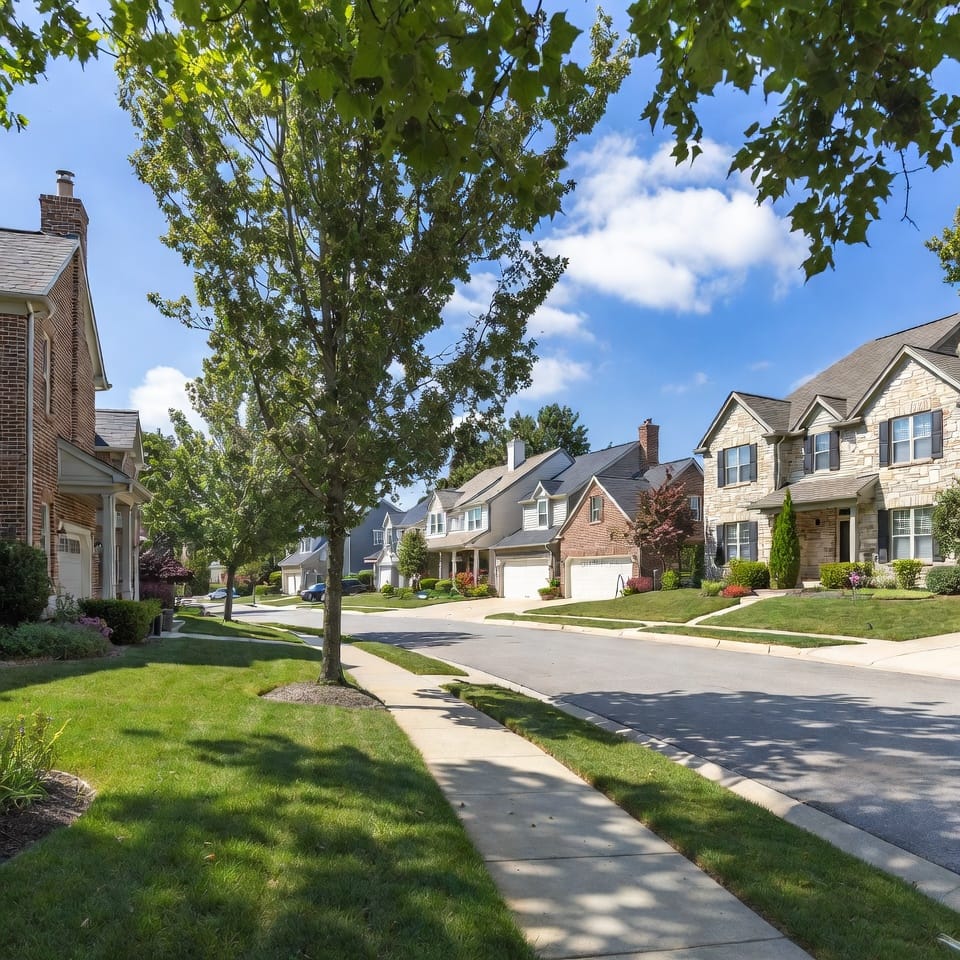 Naperville Real Estate Market 6 Tree-lined suburban street with detached homes, driveways, and green lawns under a blue sky with scattered clouds.