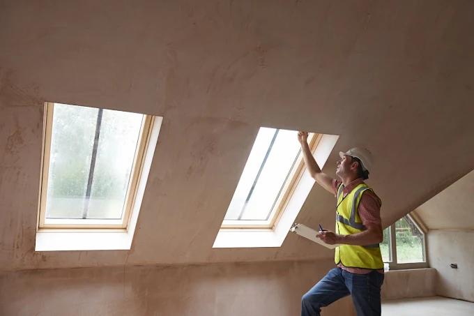 Indoor environmental inspector checking skylight areas and interior surfaces during an attic inspection in Naperville, Illinois.