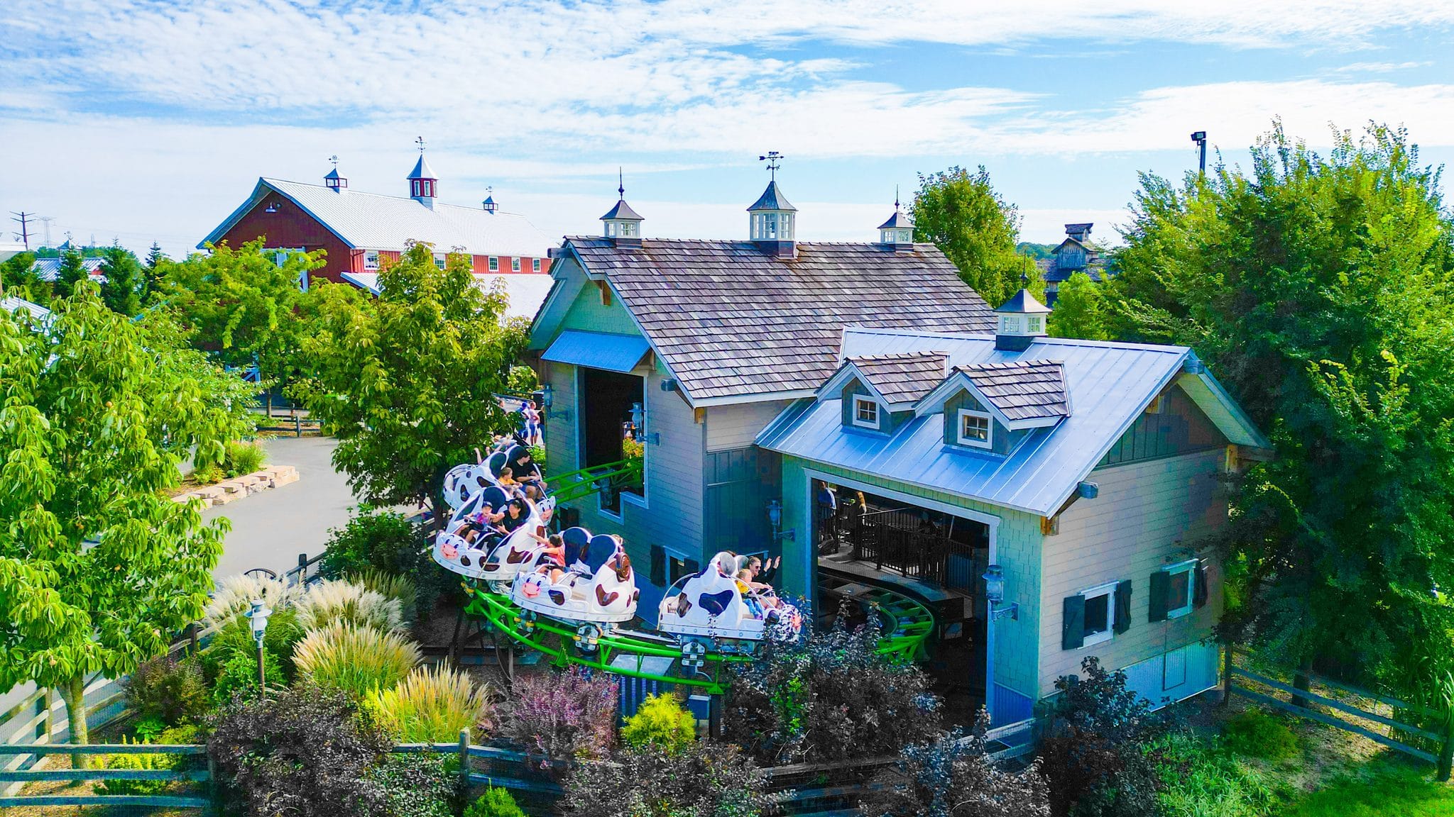 Aerial view of the Barnyard Dance spin coaster at Bengtson's Pumpkin Farm