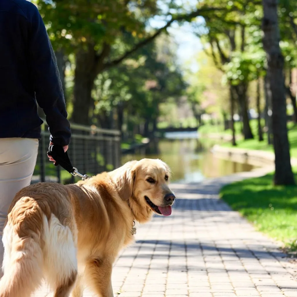 Dog walking on a leash near Blackwell Dog Park by Naperville, Illinois with a paved trail, trees, and water view.