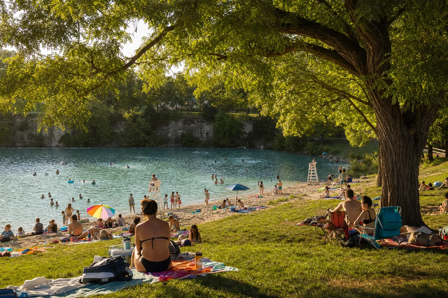 Swimmers enjoying late-season August 2026 afternoon at Centennial Beach in Naperville Illinois
