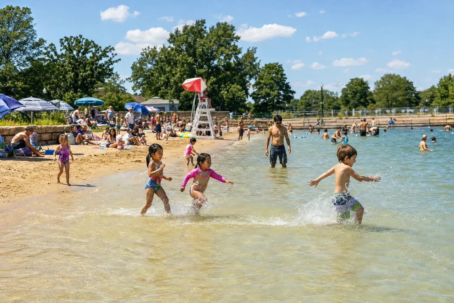 Kids splashing in the zero-depth shallows at Centennial Beach in Naperville summer 2026