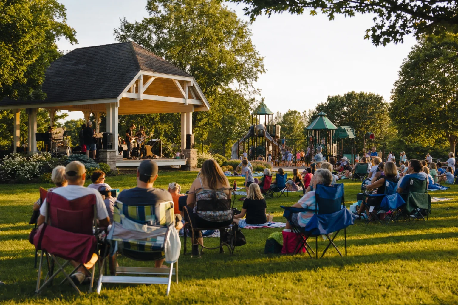 Free Summer Concerts in Naperville 2026: Where to Hear Live Music 5 Neighbors in lawn chairs at a free 2026 Concerts in Your Park show in a Naperville neighborhood park