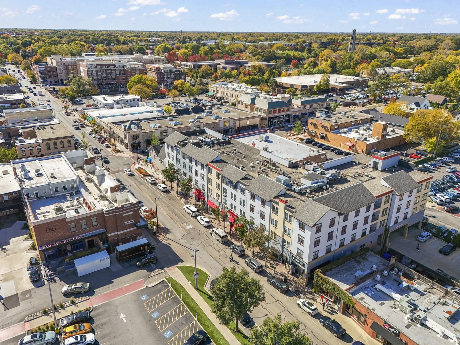 Autumn aerial view of the downtown Naperville shopping district with storefronts, rooftops, and tree-lined streets