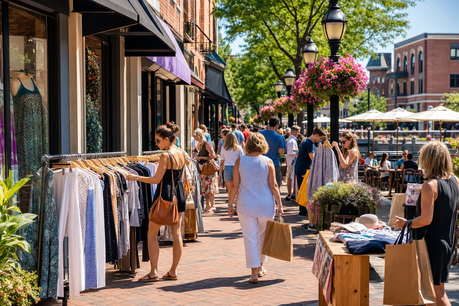 Shoppers browsing downtown Naperville sidewalk sales near Water Street in July 2026
