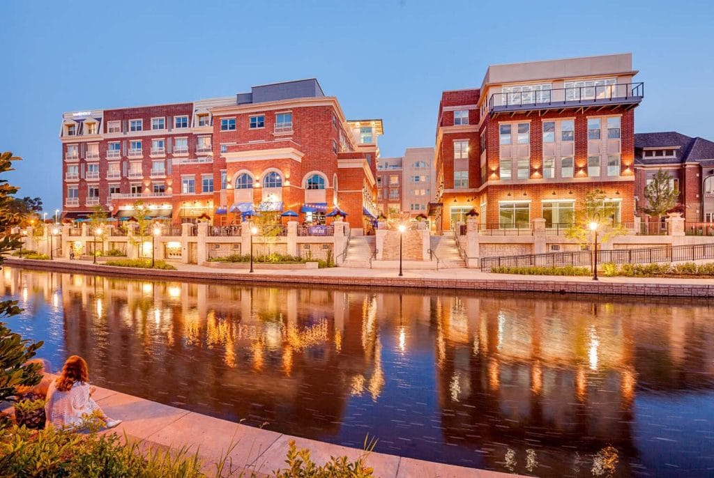 Aerial view of Downtown Naperville Illinois DuPage Riverwalk pedestrian path 2026