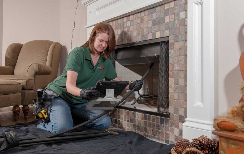 Dunsing Inspections inspector evaluating a fireplace during a home inspection near Naperville Illinois