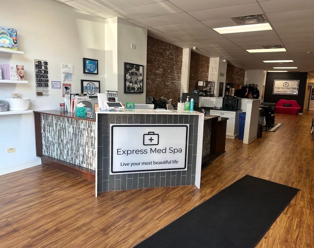 Front desk reception area inside Express Med Spa La Grange med spa with modern decor and welcoming lobby