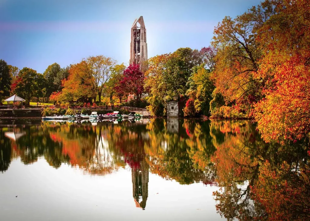 Colorful fall trees along the Naperville Riverwalk in Naperville, Illinois