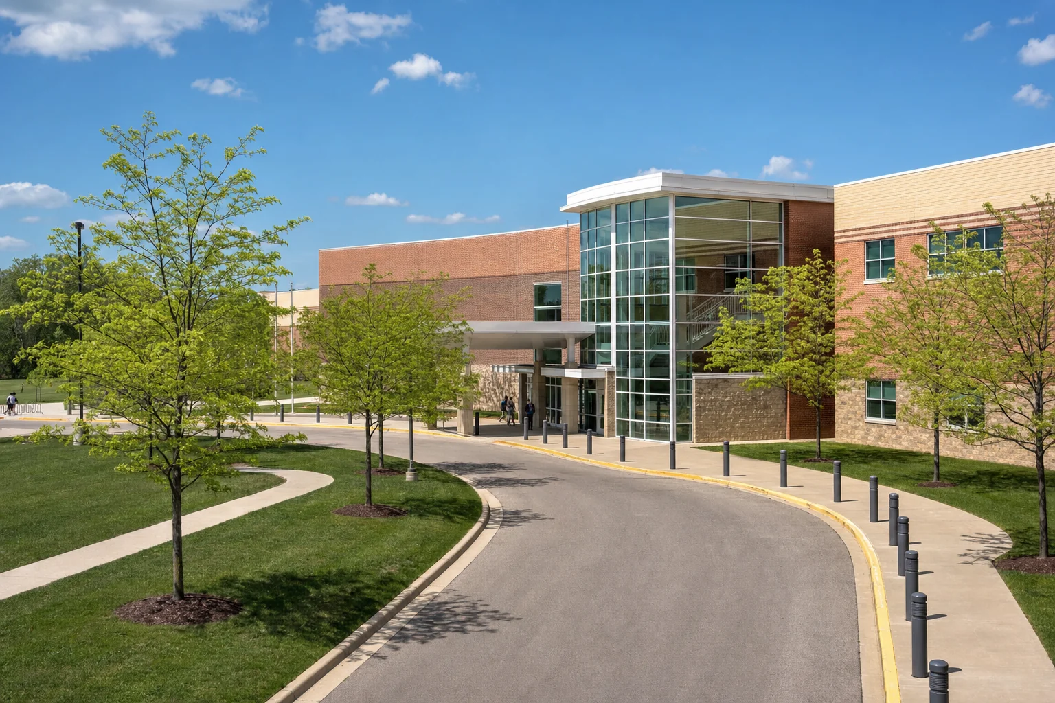 Schools 2 Editorial illustration of a middle school bus loop and side entrance under spring trees at midday, representing Fischer Middle School in Aurora