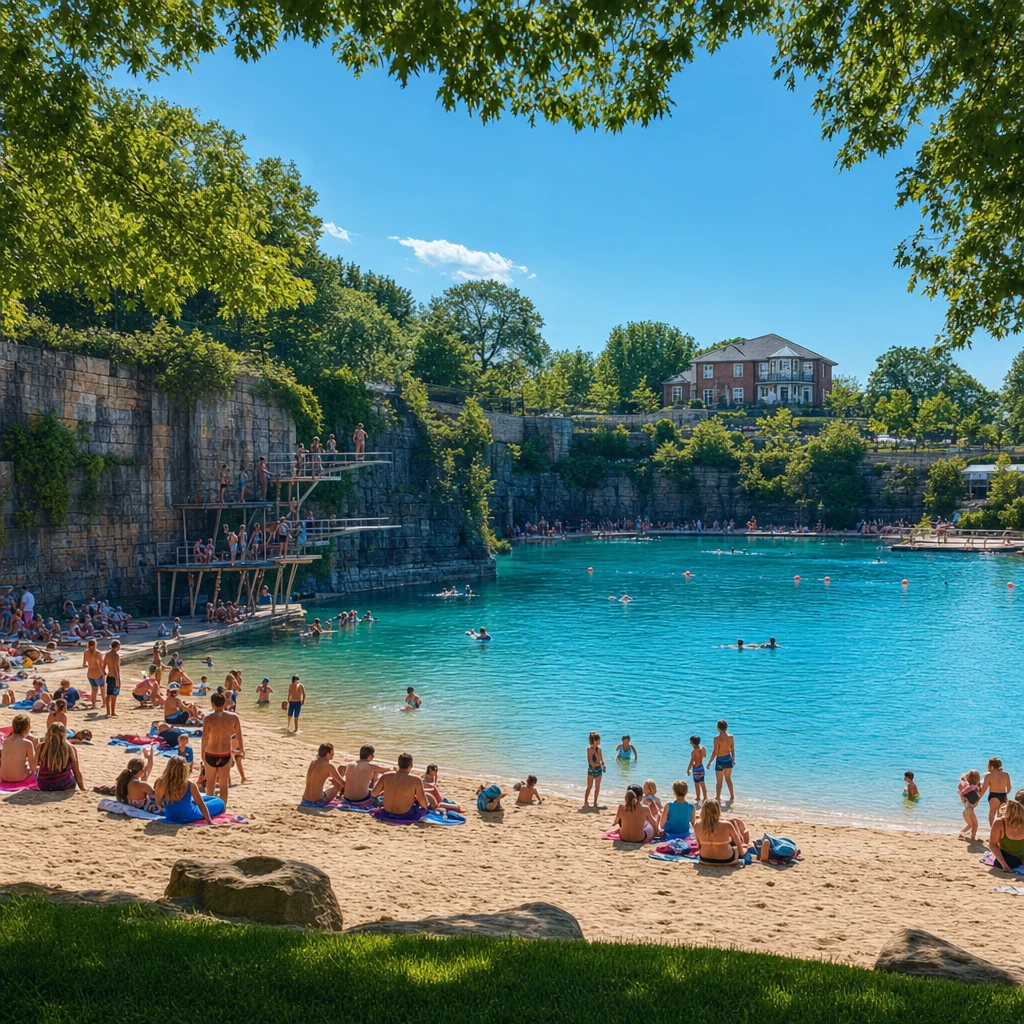 Free Things to Do in Naperville: 25+ No-Cost Activities for Every Season 5 Centennial Beach in Naperville with families on the sandy beach edge and clear blue water — a popular free Naperville summer destination