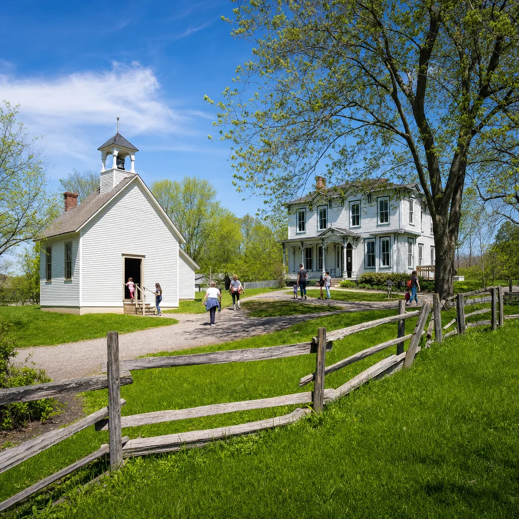 Free Things to Do in Naperville: 25+ No-Cost Activities for Every Season 3 Historic 19th-century white wooden buildings at Naper Settlement outdoor museum — free to walk the grounds in downtown Naperville