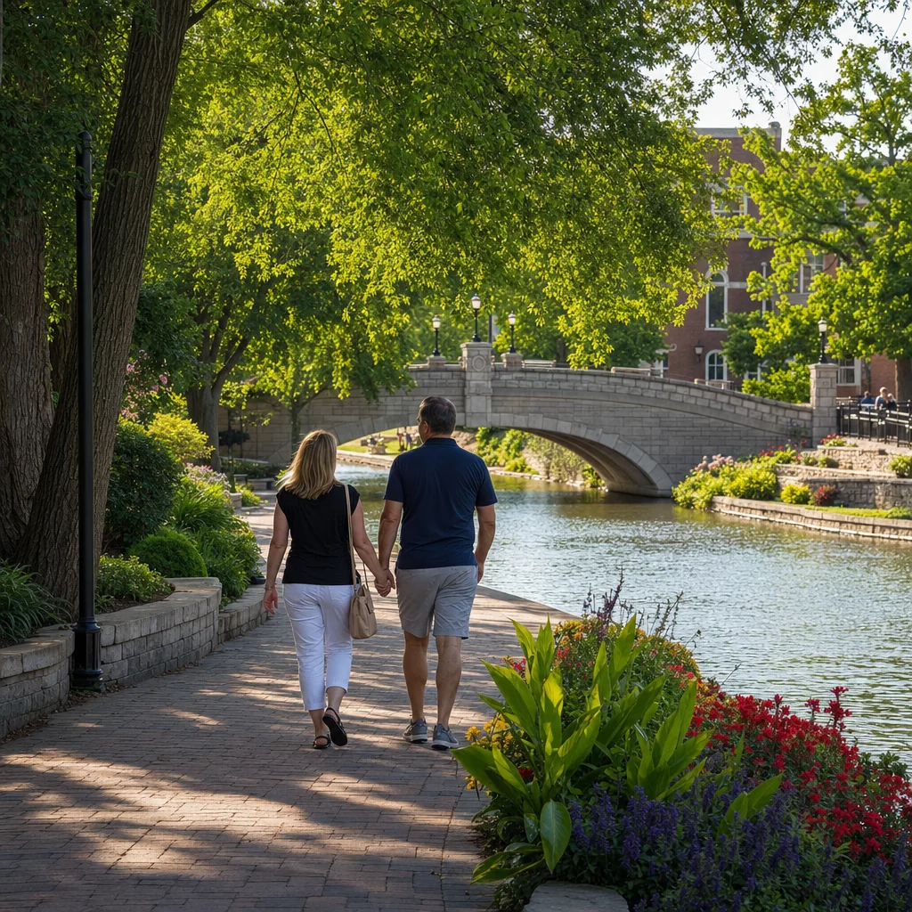 Free Things to Do in Naperville: 25+ No-Cost Activities for Every Season 2 Couple walking hand-in-hand along the brick path of the Naperville Riverwalk past blooming flower gardens — a top free thing to do in Naperville