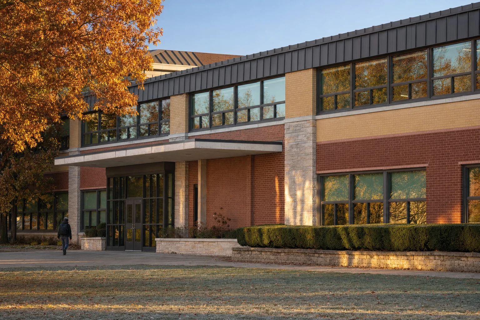 Schools 3 Editorial illustration of a two-storey tan brick and red masonry school facade with a recessed entrance under low autumn morning light, representing Granger Middle School in Aurora