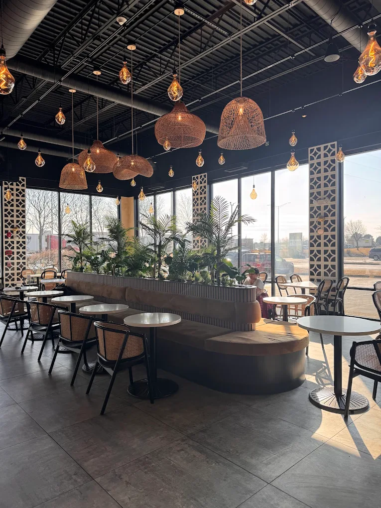 Haraz Coffee House interior with woven pendant lights tropical plants and open seating near Naperville Illinois 2026