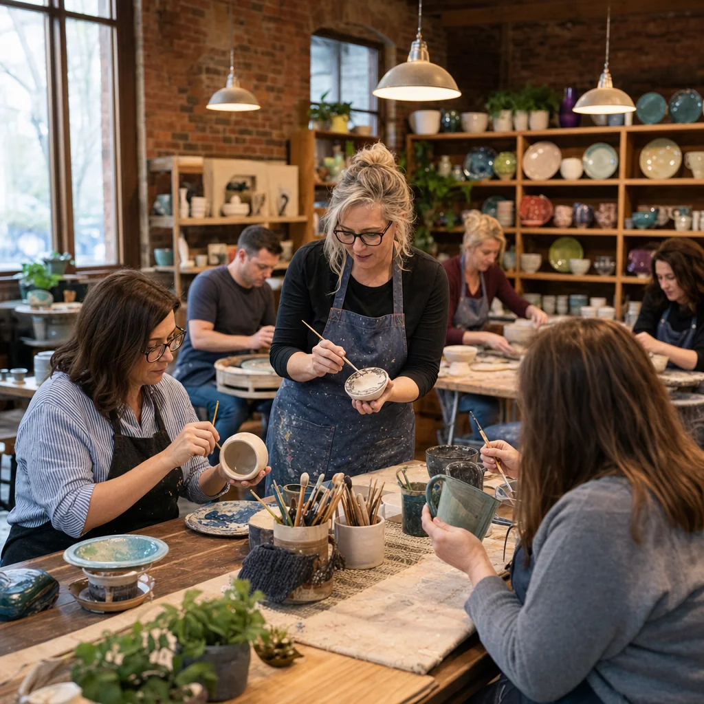 Indoor Activities in Naperville: 30+ Things to Do When It Rains, Snows, or Gets Cold 3 Indoor activities Naperville for adults - cozy paint-and-sip pottery studio with adults working at wooden tables