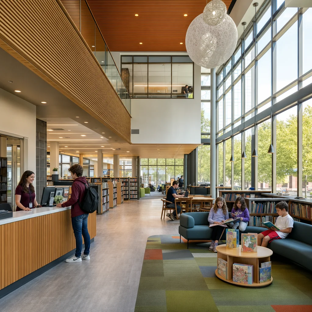 Indoor Activities in Naperville: 30+ Things to Do When It Rains, Snows, or Gets Cold 4 Indoor activities Naperville - modern interior of the Naperville Public Library 95th Street branch with bright open space and study tables
